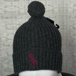 New Polo Ralph Lauren Gray Maroon Poloman Cableknit Tossle Hat Beanie